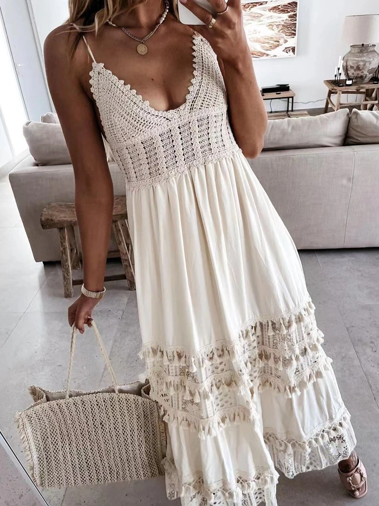 Sexy Lange Kleider für Frau Sommer Strand Stil Mode Boho Kleid Strap V-ausschnitt Spitze Backless Sommerkleid Damen Weiß Maxi kleid