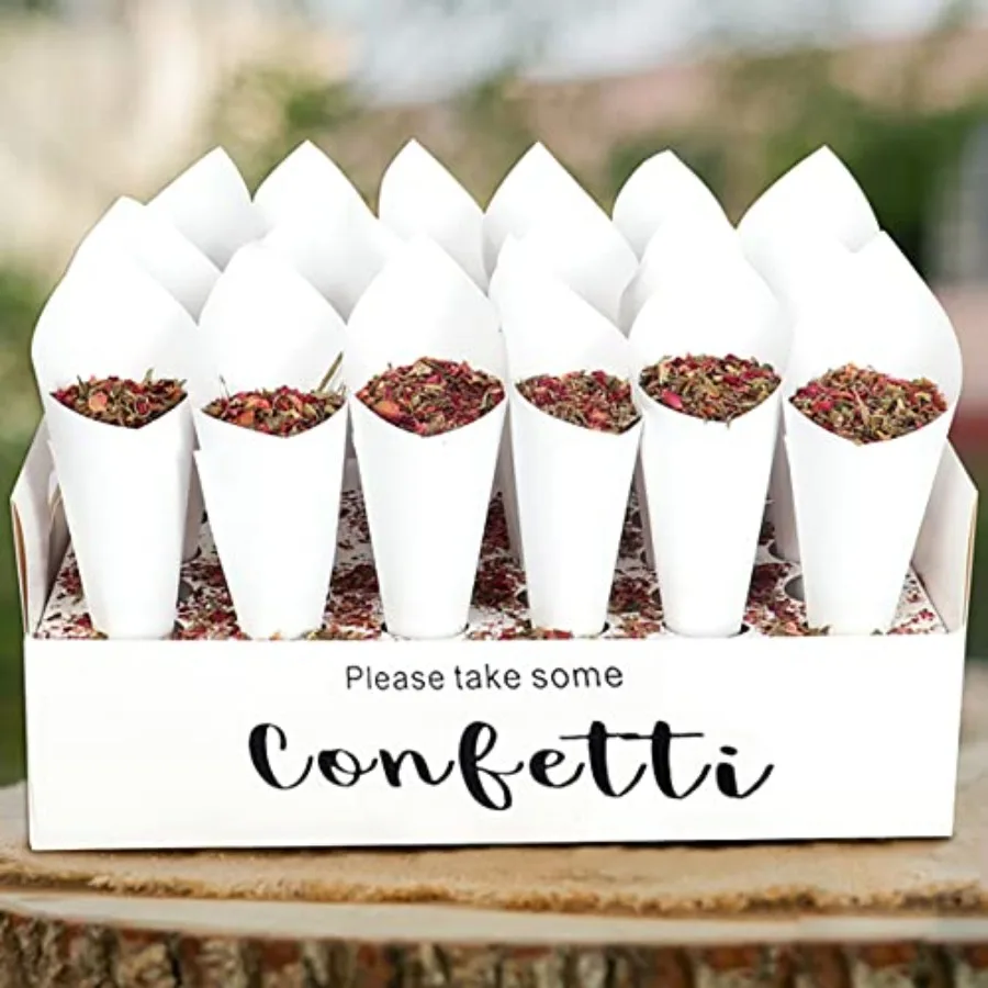 ホワイトパーティーコンフェッティコーンホルダーボックス ウェディングコンフェッティコーンスタンドボックストレイ 結婚式誕生日パーティー用30穴付き