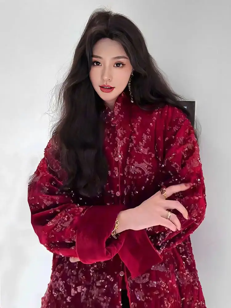 New Year Red Chinese Style Autumn/Winter 2024 Sequin Embroidered Stand Collar Single Breasted Women\'s Cotton Jacket S-XL