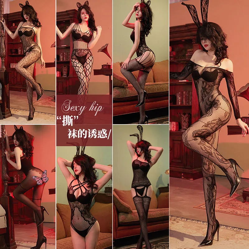 Sexy Lingerie Jacquard Fishnet Bodysuit Jumpsuit Hollow Out Teddies Body Stockings Crotchless Plus Size Pajamas Underwear Women