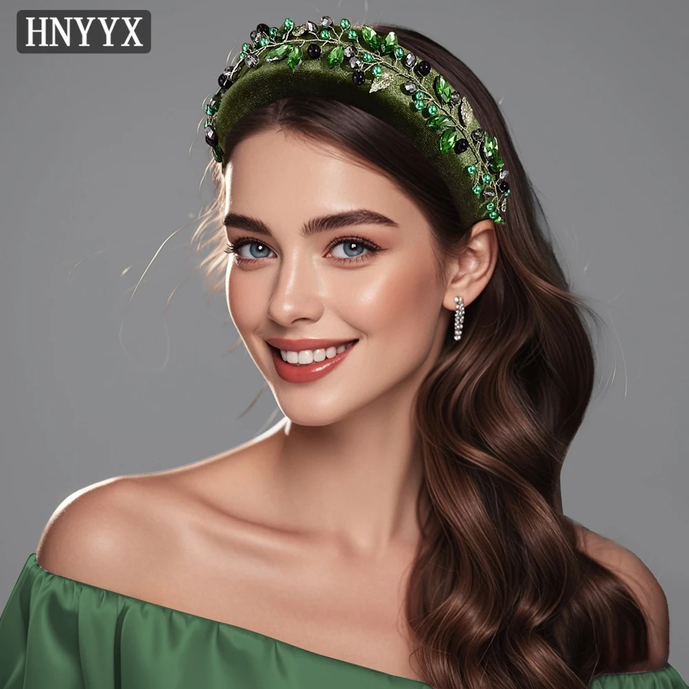 

HNYYX Classic Baroque Headwear Fashion Headband Luxury Rhinestone Head Hoop Wedding Headwear Ladies Green Leave Hairband A275