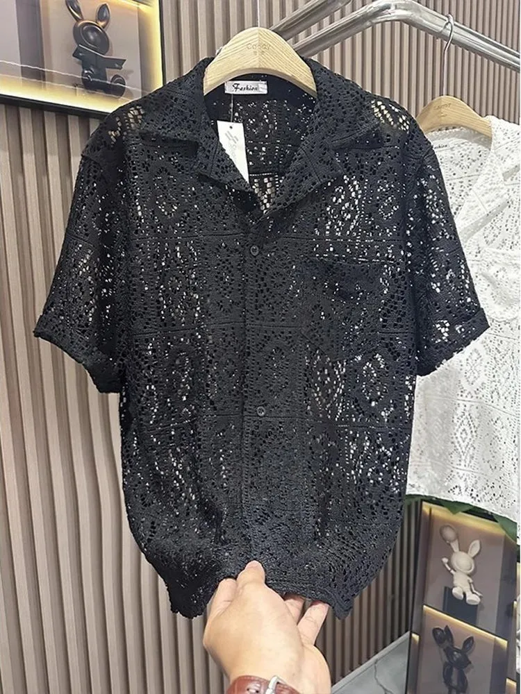 

Men's Summer Short Sleeve Hollow out Fashionable Shirt Trendy Unique Handsome Top Breathable Loose Fit Casual Wear