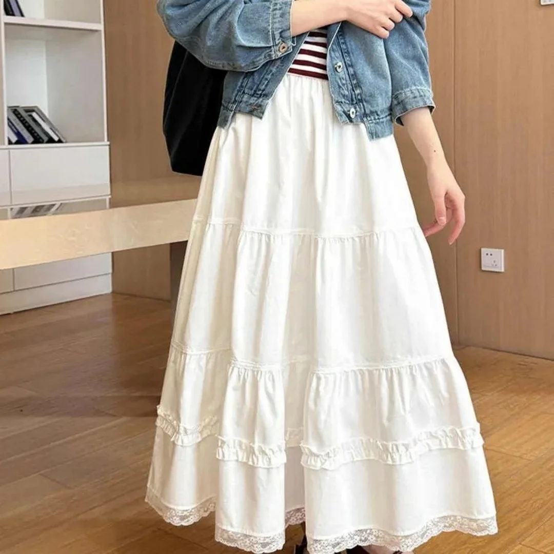 Korean Chic Lace Patchwork Long Skirt Women Summer High Waist A Line White Cake Skirts Woman All Match Midi Skirt Female Basics