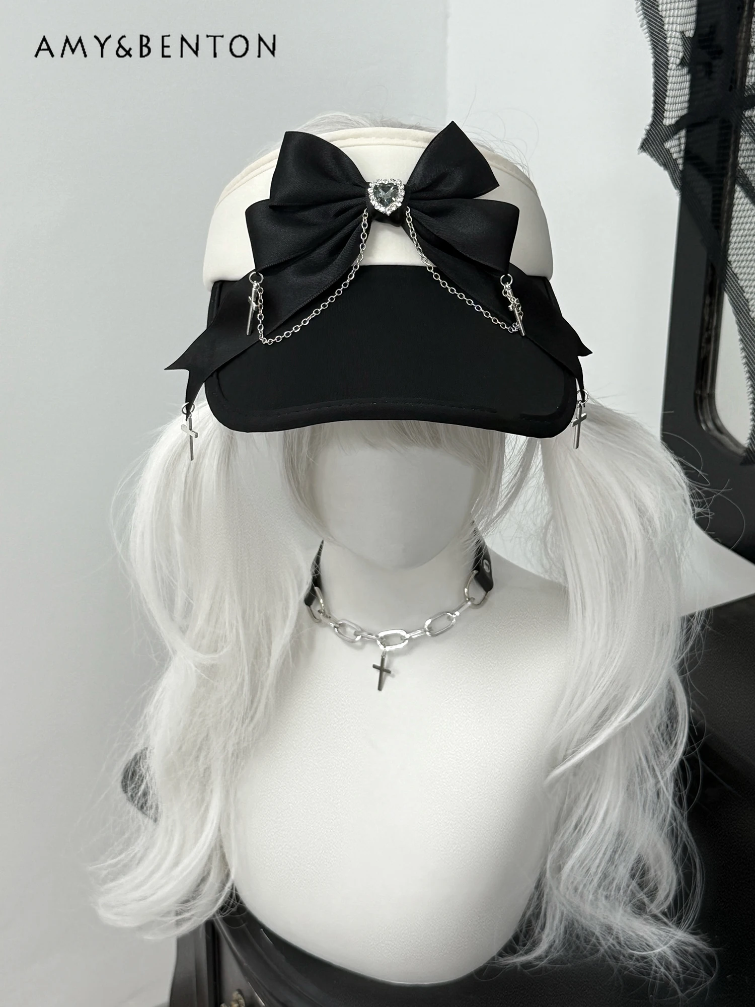 

Original Cute Rhinestone Bow Empty Top Sun Hat Mine Series Patchwork Hat Japanese Mass Production Kawaii Summer Hats for Women