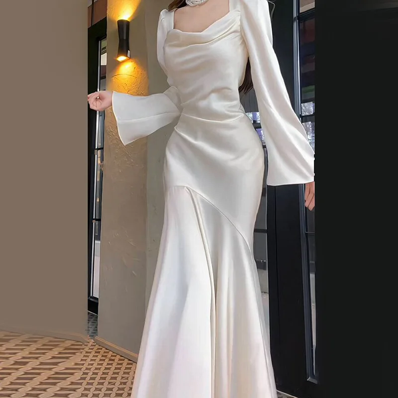 Simple And Elegant Light Satin Mermaid Wedding  Square Collar Long Flare Sleeves Bridal Dresses Gowns Vestido Novia Customized