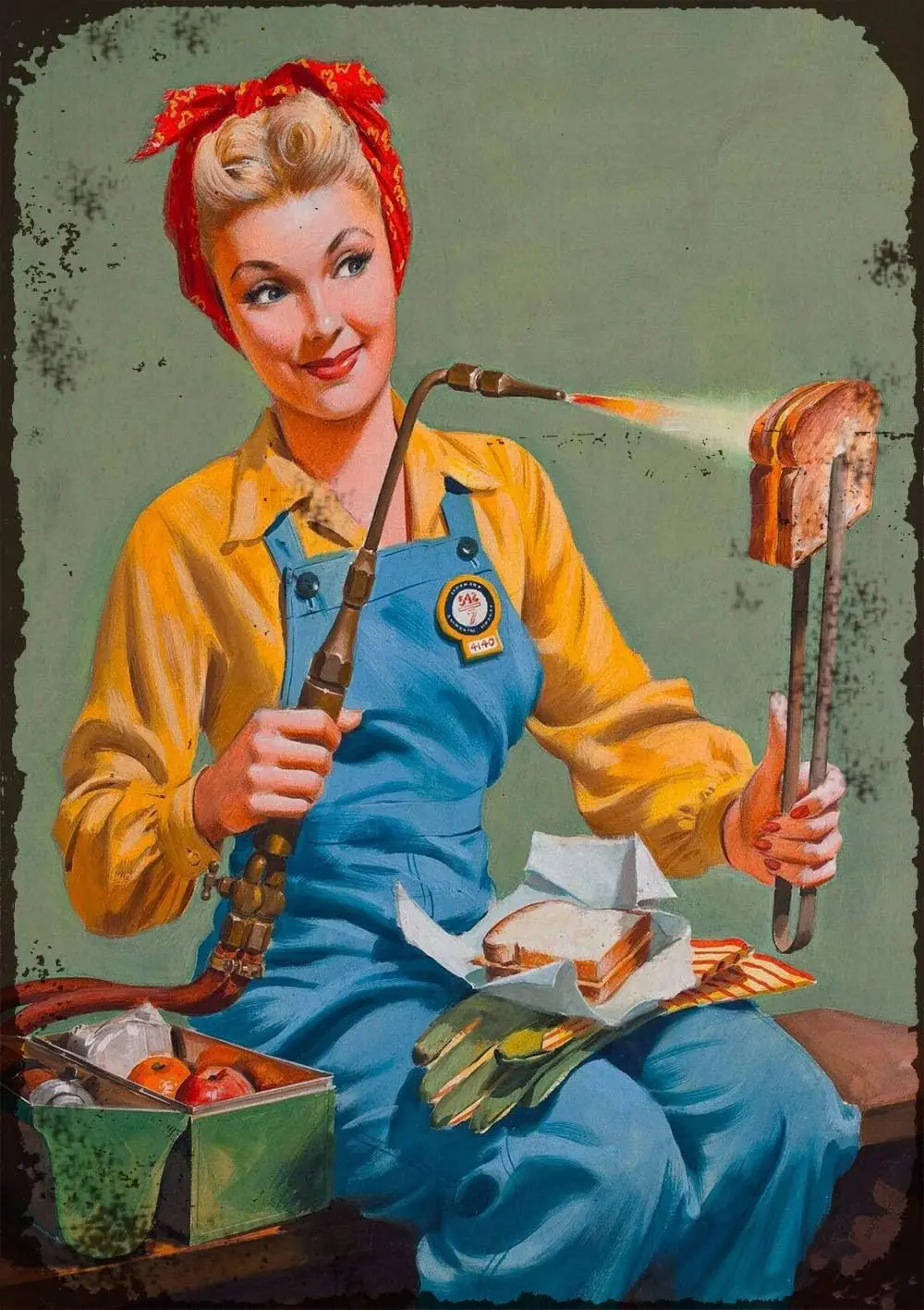 Vintage Metal Sign  1940S Pin-Up Girl Rosie Welding Lunch Retro Art Pin Up Wall Decor Tin Signs