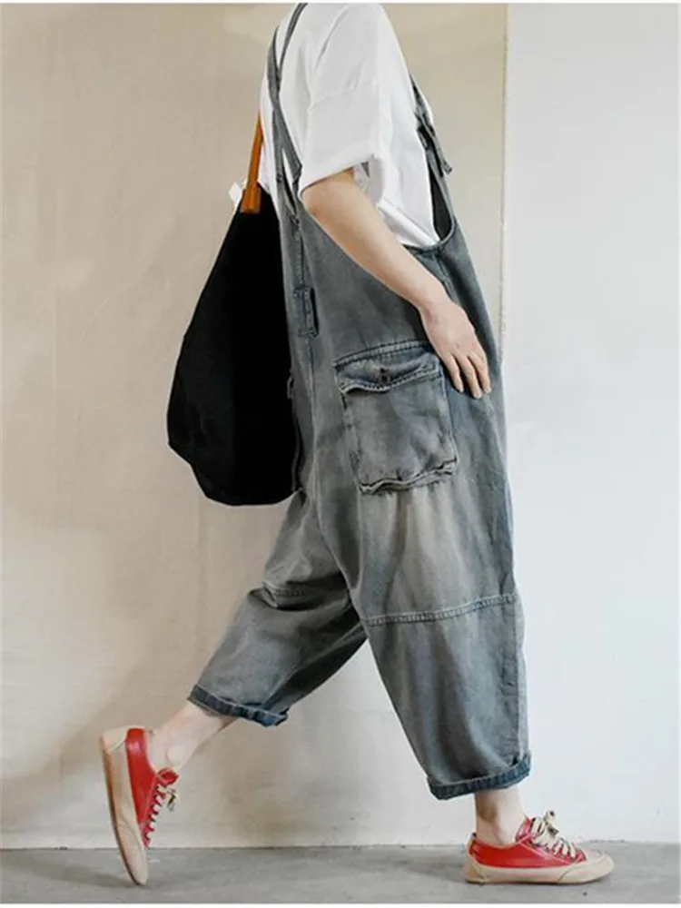 Denim Jumpsuits for Women Spring Summer Vintage Loose High Waist Blue Denim Pants Female Clothes Oversized Cross-Pants Overalls