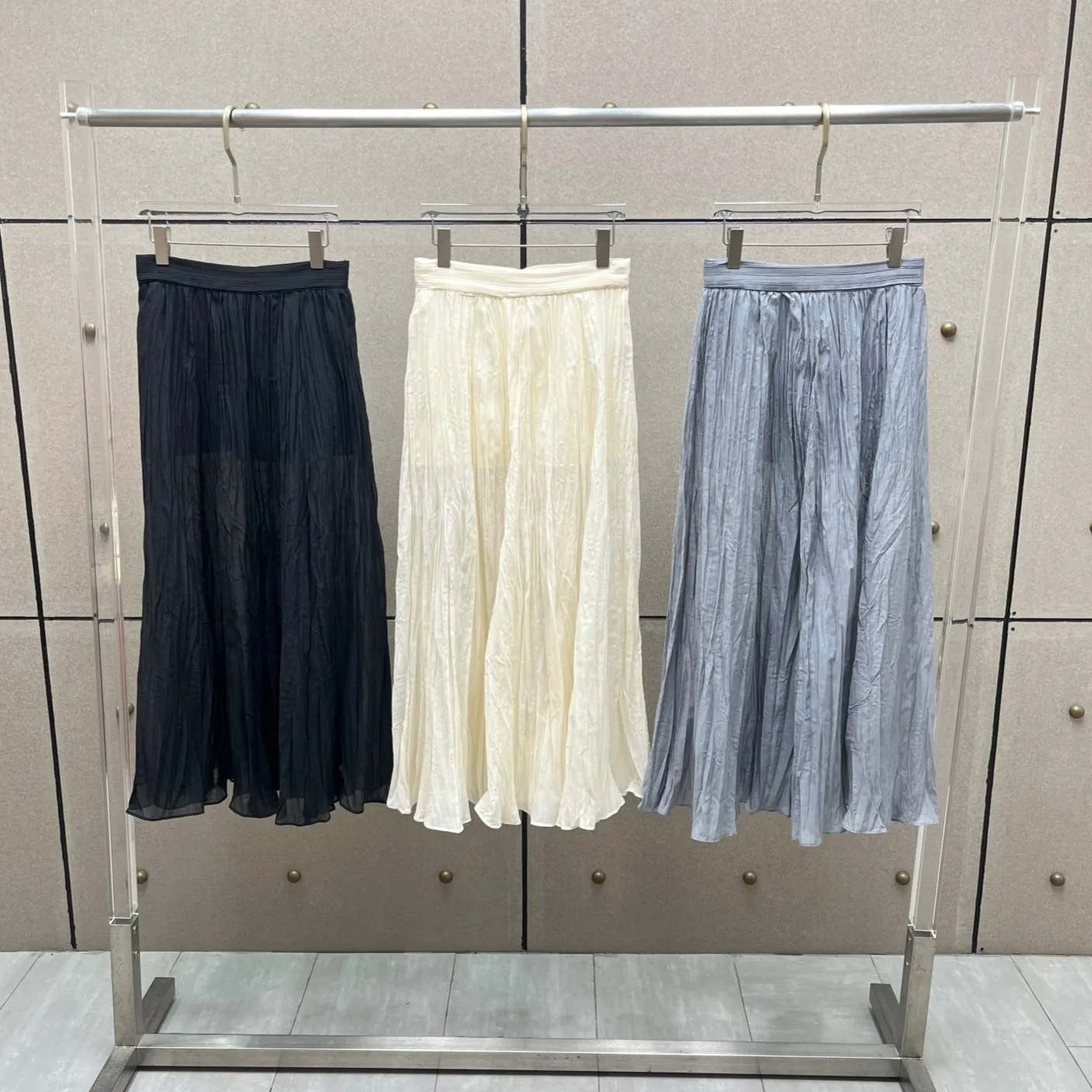 2025 New Arrival: Black/Cream/Light Blue Pleated Maxi Skirt | 100% Cotton Lightweight Flowy Fabric