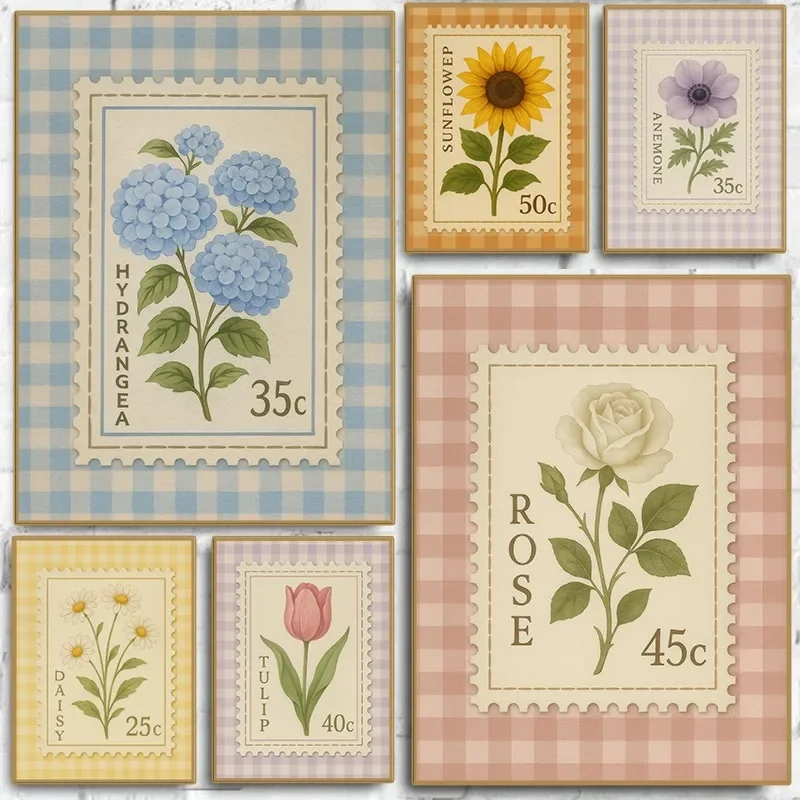Vintage Floral Symbolism Print Poster Colourful Botanical Flowers with Gingham Canvas Painting Wall Art Living Room Home Decor
