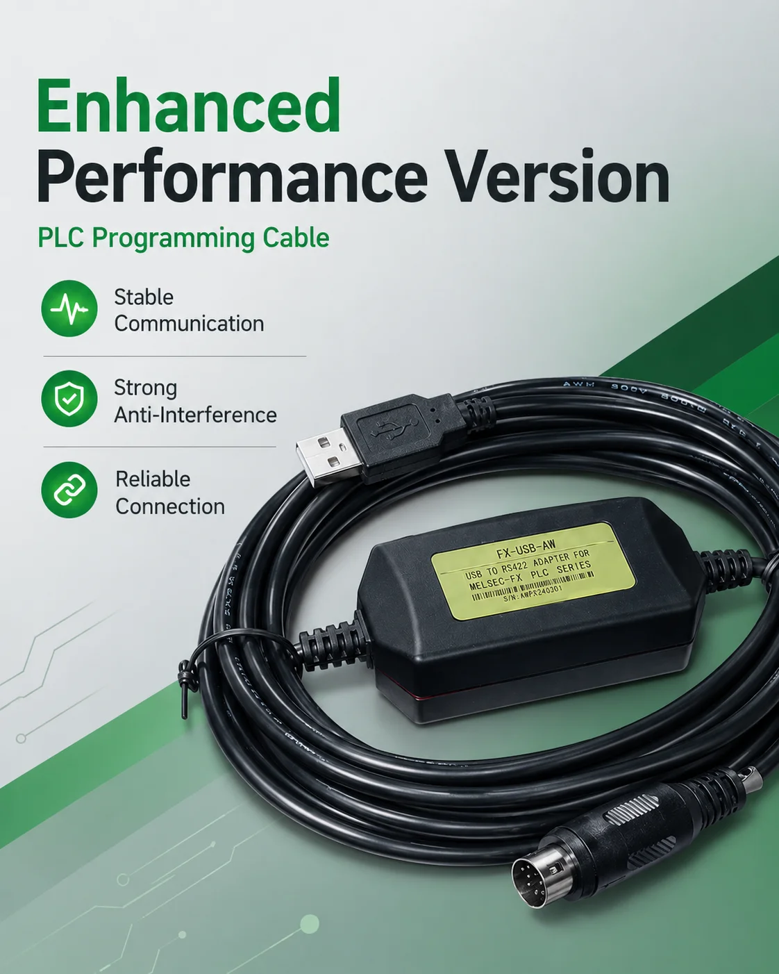 FX-USB-AW USB Programming Download Cable for Mitsubishi FX3U FX3G FX3UC FX3GA FX3SA PLC, 5V 3M Communication Cord