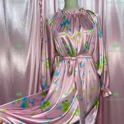 Glossy Floral Print Women Satin Long Sleeve Dress Loose Lace Up Maxi Dress Plus Size Sleeping Robe