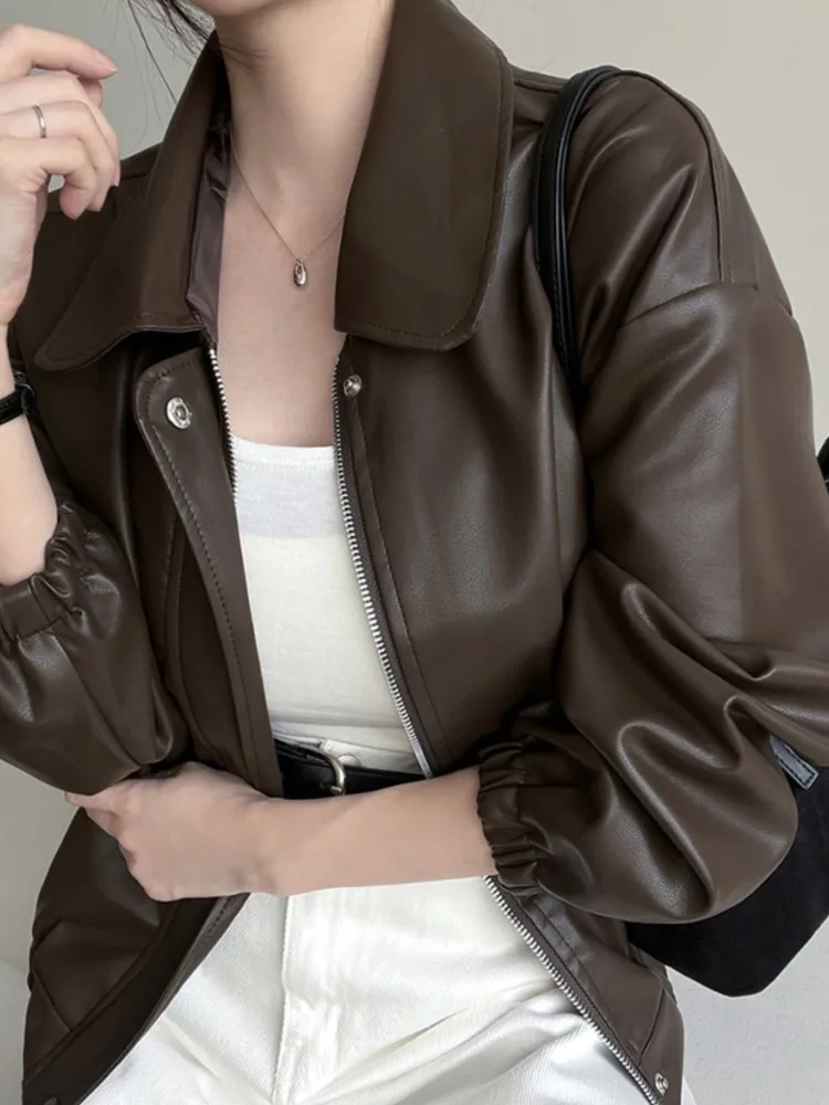 ريترو شيك بولي Leather الجلود السائق Jaet المرأة فضفاضة تناسب الياقات ort ملابس خارجية خمر Sle طويلة Sve سستة إغلاق معطف