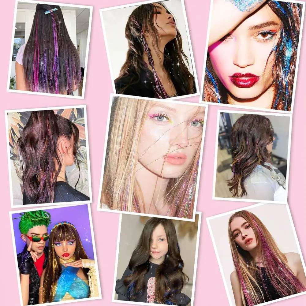 Shimmering Tinsel Hair Extensions Clip In Synthetic Strands Colorful Glitter Highlights For Festival Party Styling Kit