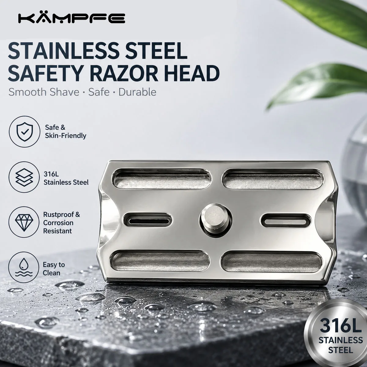 KAMPFE CNC 316L Stainless Steel Safety Razor Head Polished Double Edge Shaver Head for Men Smooth Daily Shaving