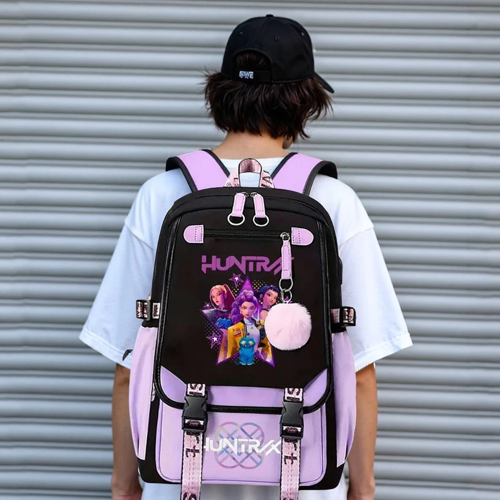 حقائب مدرسية K-Pop Demon Hunters للفتيات حقيبة كمبيوتر محمول عالية الجودة بمنفذ شحن USB لمحبي حقيبة ظهر عصرية حقيبة جامعية
