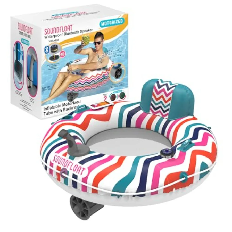 Motorized inflatable pool float lounger tube for outdoor water use PVC material blue color 66W motor and Bluetooth 5 IPX7 water