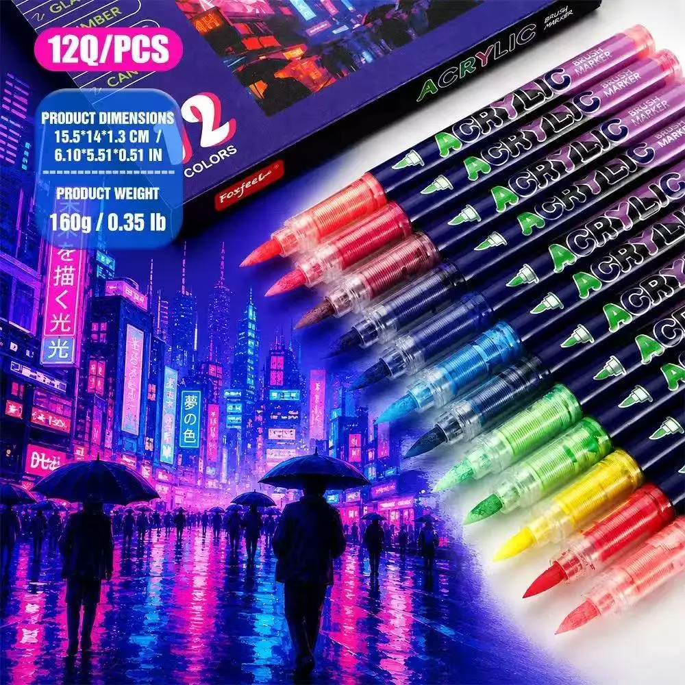 12Pcs Acrylic Paint Brush Markers Brush Tip Direct‑liquid Marker Pen for Rock Ceramic Glass Wood Canvas Painting Art Supplies