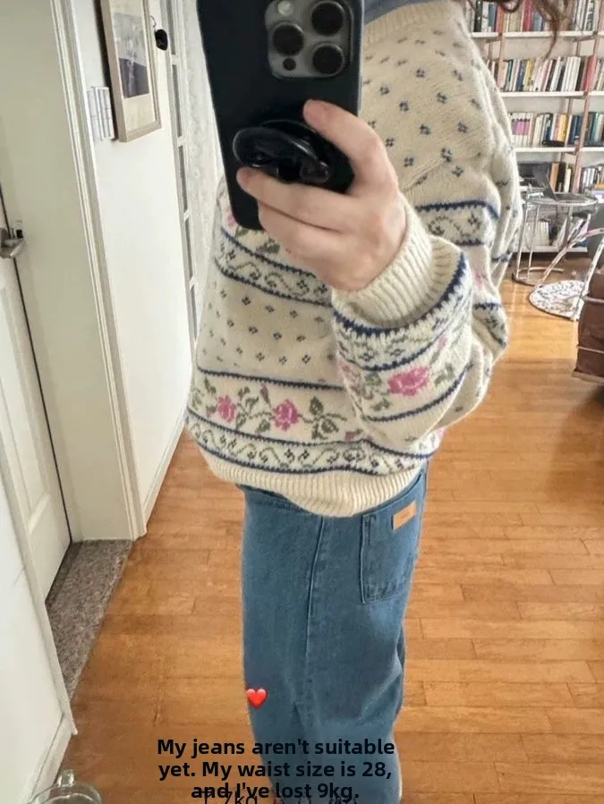 Morbido e accogliente maglione lavorato a maglia da donna sciolto motivo floreale vintage Dongdaemun Siene Rose ricamo lungo Sve rotondo Ne Top