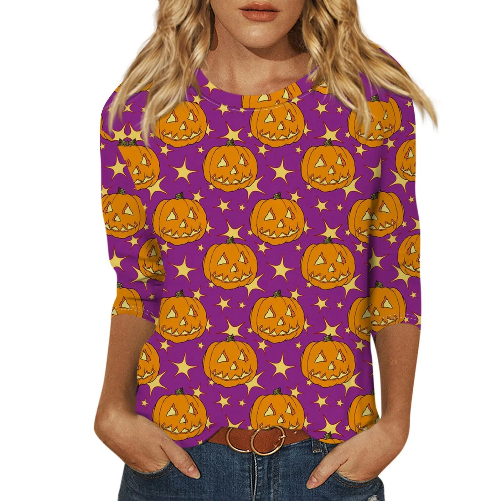 Moda damska Casual Round Neck 3/4 Sleeve Loose Halloween Printed T-Shirt Ladies Tops for Women Womens Tops and Blouses