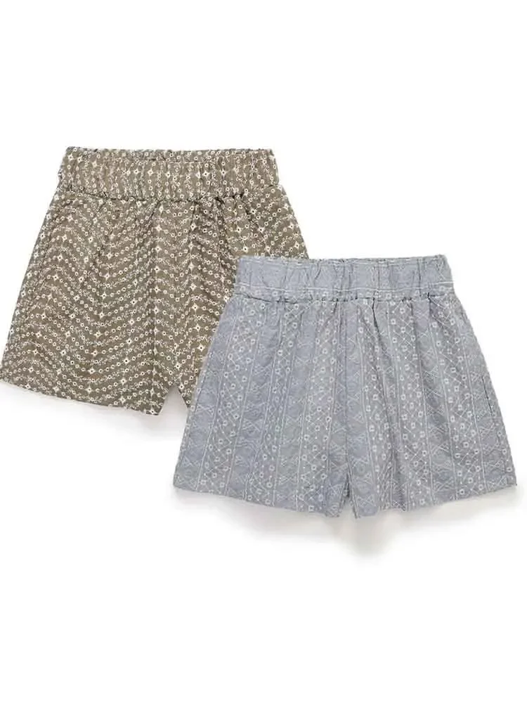 

European style new women's fashion versatile simple high waist hollow embroidery casual elastic waist shorts