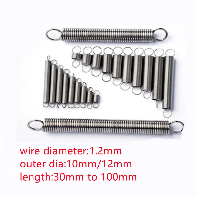 2pcs/lot Wire 1.2mm Extension Spring 1.2x10/12x30/35/40/45/50/60/70/80/90/100 Stainless Steel Tension Spring with Hooks