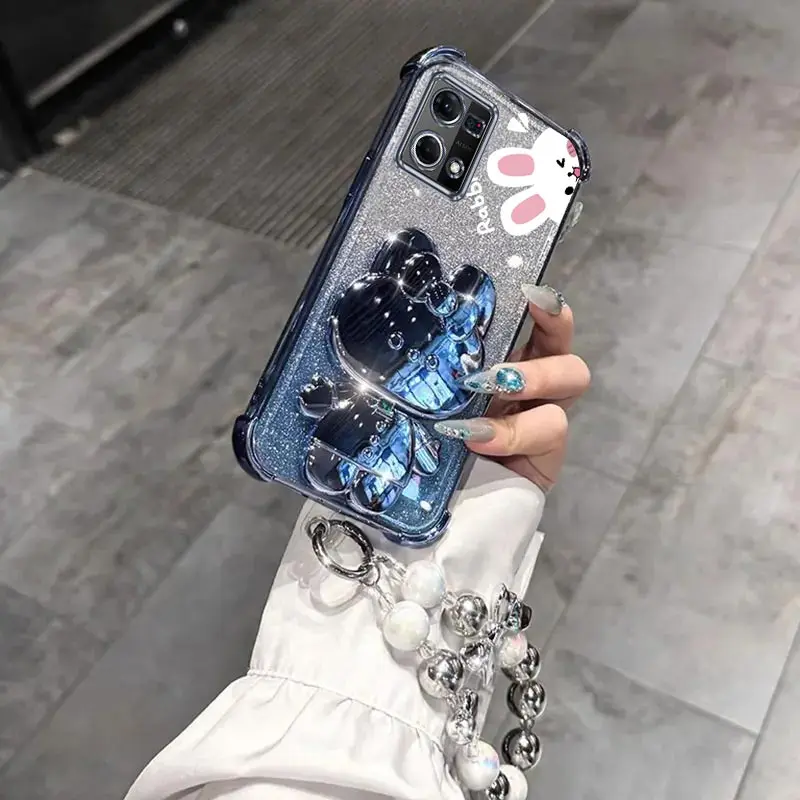 Airbag Glitter Mirror Rabbit Phone Holder Case On For Oppo Reno 4 4z 4F 5 5F 7 8 8T Lite 4G 5G Anti-knock Stand Back Cover