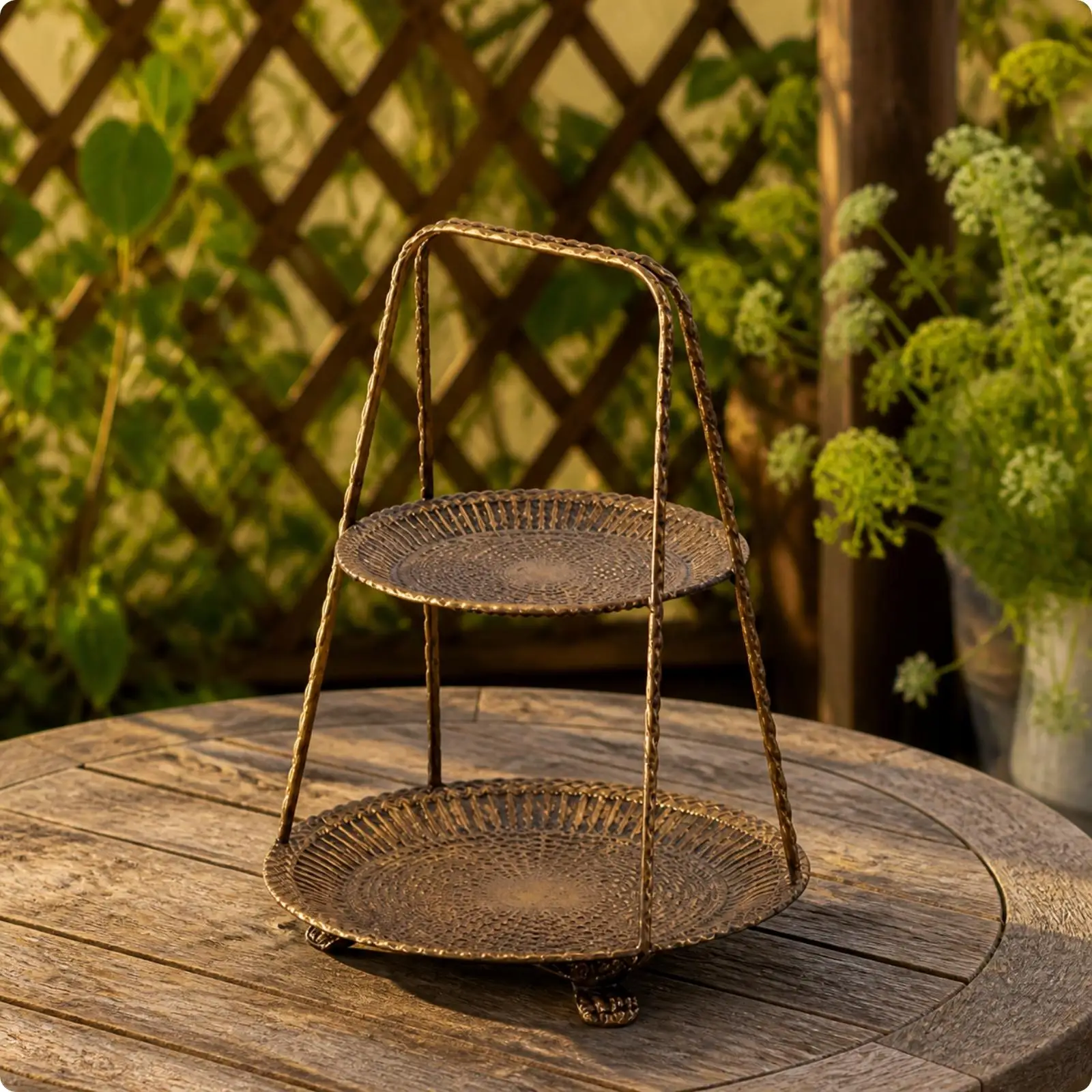 Antique Gold Finish Metal Bird Feeder Tray Double Deck Stand for Garden Courtyard Outdoor Use
