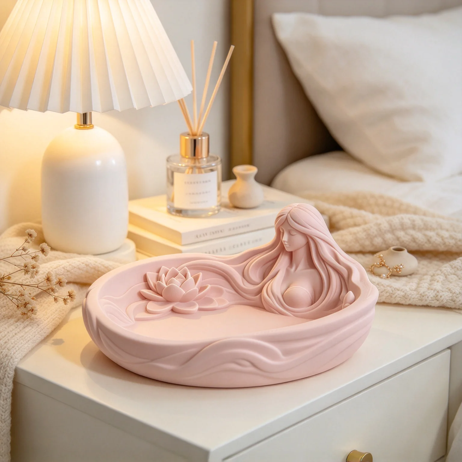 3D Printed Elegant Water Goddess Trinket Dish, Sculpted Mermaid Lotus Jewelry Holder, Home Desktop Decor Storage Plate