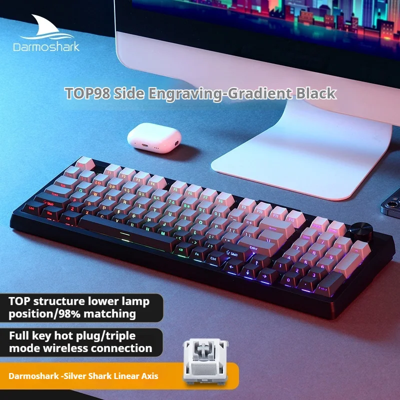 Darmoshark Top 98 Wireless Three Mode Mechanical Keyboard Side Carved Customized Hot Swappable 96key Gaming Office Keyboard