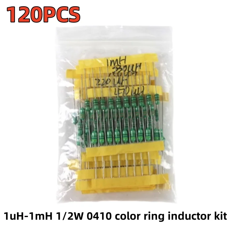 120PCS 12values *10PCS 1uH-1mH 1/2W 0410 color ring inductor kit 1UH 4.7UH 6.8UH 10UH 22UH 47UH 68UH 100UH 220UH 330UH 470UH 1MH