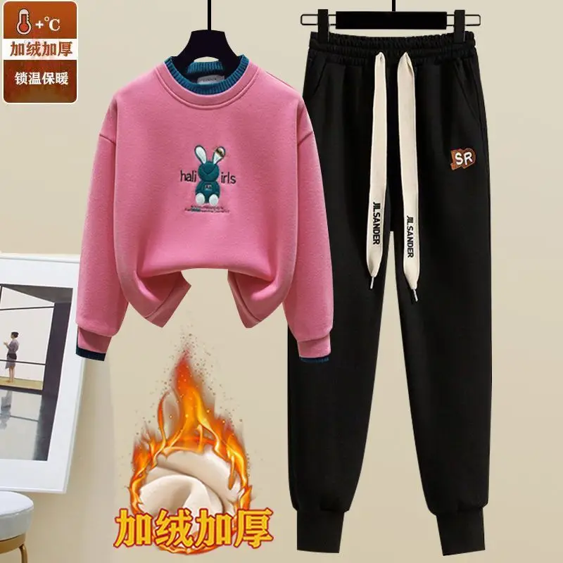 Women\'s Winter Casual Tracksuit Suit Korean Elegant Cotton Cartoon O-Neck Pullover Sweater Plush Pants Sportwear Two Piece Set