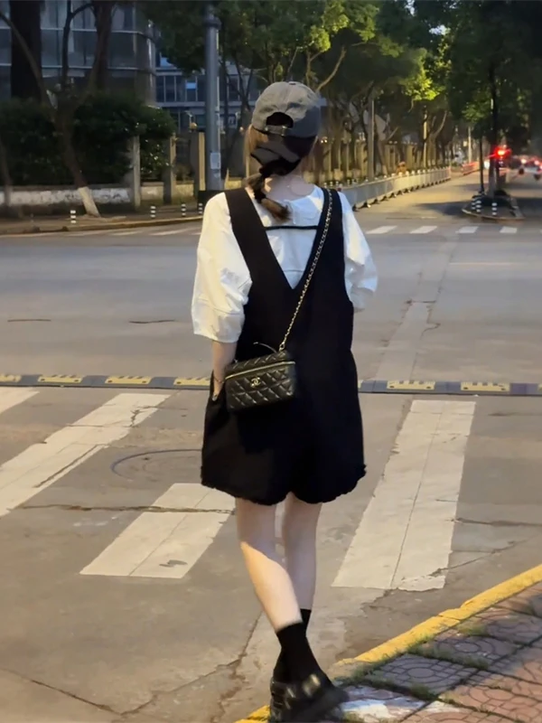 

Korean College Style Casual Set Women Summer New Small Size Bloom Sleeve Top High Waist Overalls Two Piece Set Fashion Ensemble