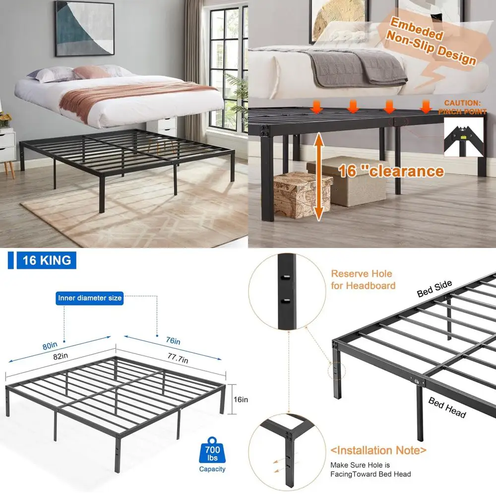 

Металлическая кровать-платформа размера King Size, 16 дюймов, прочные стальные ламели, простая сборка, не требуется пружинный блок.