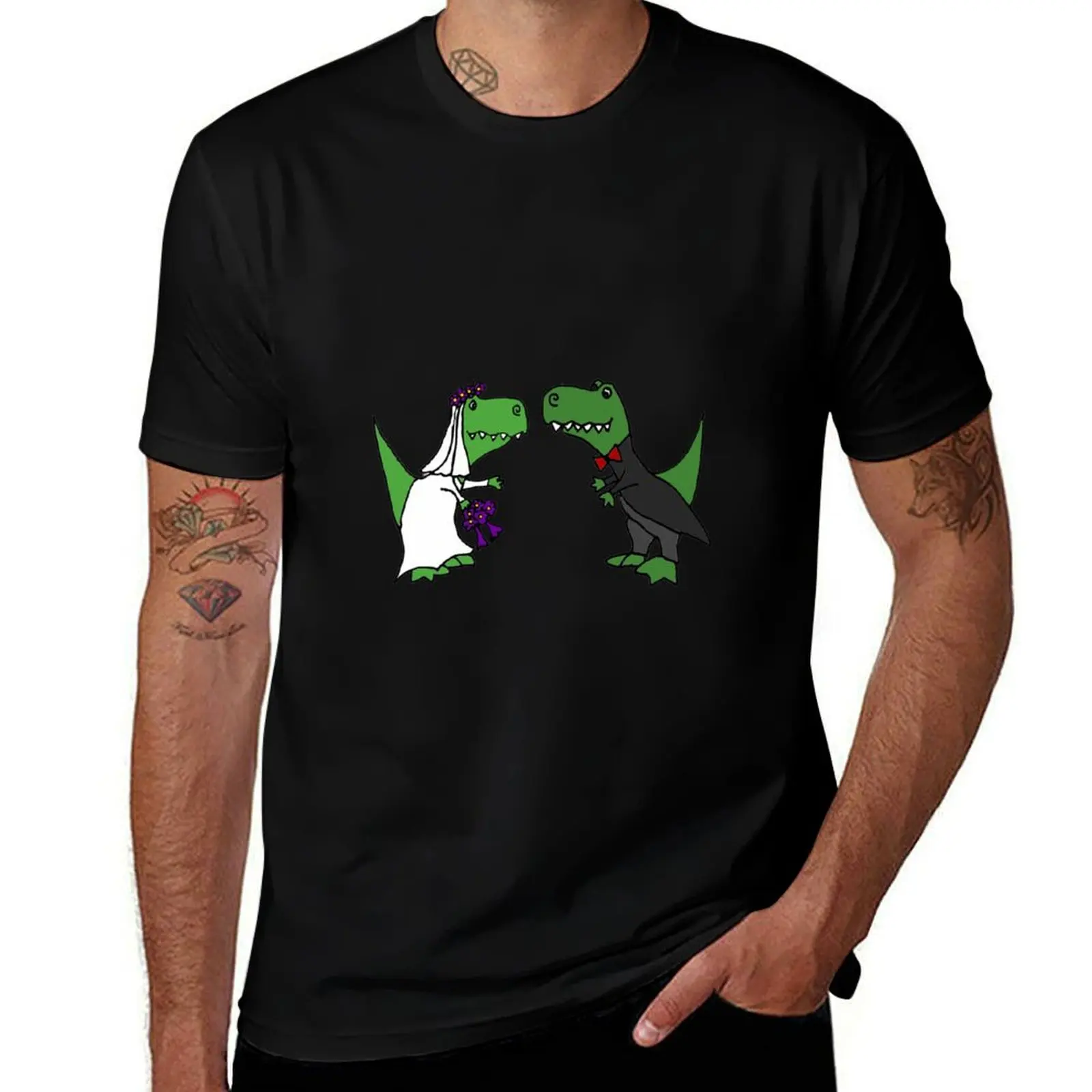 

Funny Green T-Rex Dinosaur Bride and Groom T-Shirt Abstract Pattern Print Top