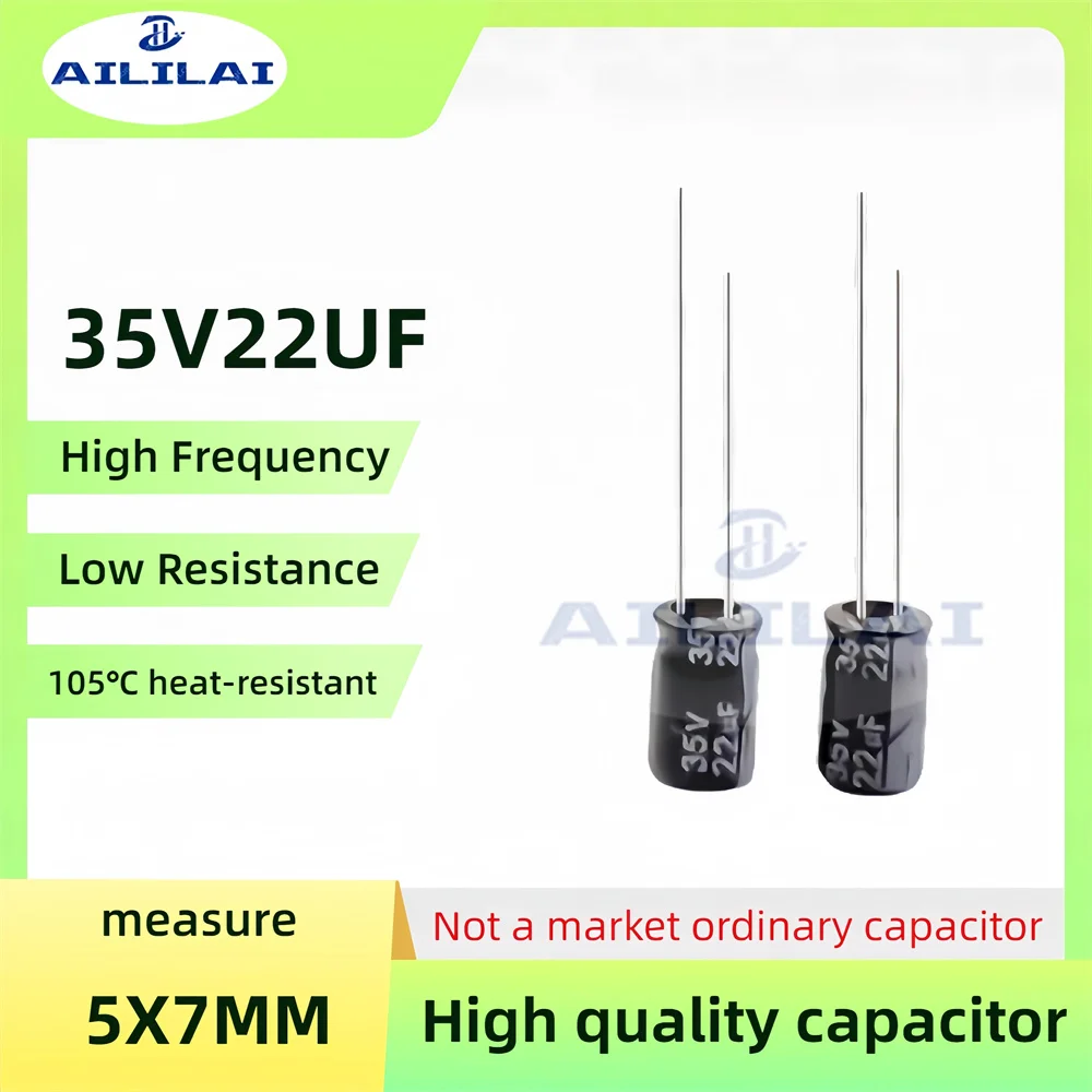 50 قطعة الأصلي 35v22uf منخفضة ESR/مقاومة عالية التردد 35 فولت 22 فائق التوهج الألومنيوم مُكثَّف كهربائيًا 35V22UF الحجم: 5X7 مللي متر