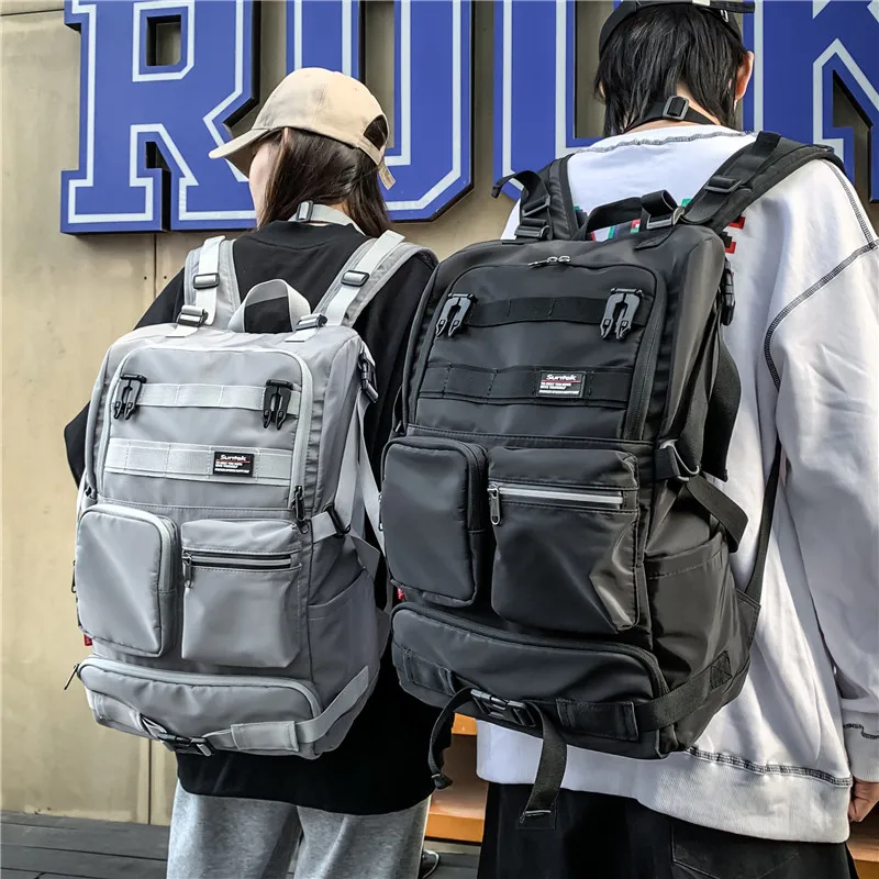 Streetwear Pocket Men Nylon Backpack Large Capacity Laptop School Teenager Backpack Causal Black Commuter Travel Men Backpack