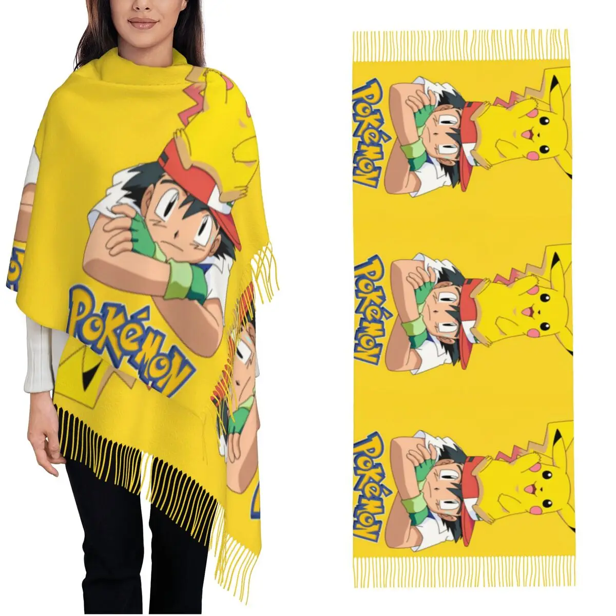 Pokemon Pikachu Anime Shawls Wraps for Ladies Winter Large Soft Scarf Cute Cartoon Game Pashmina Tassel Scarves