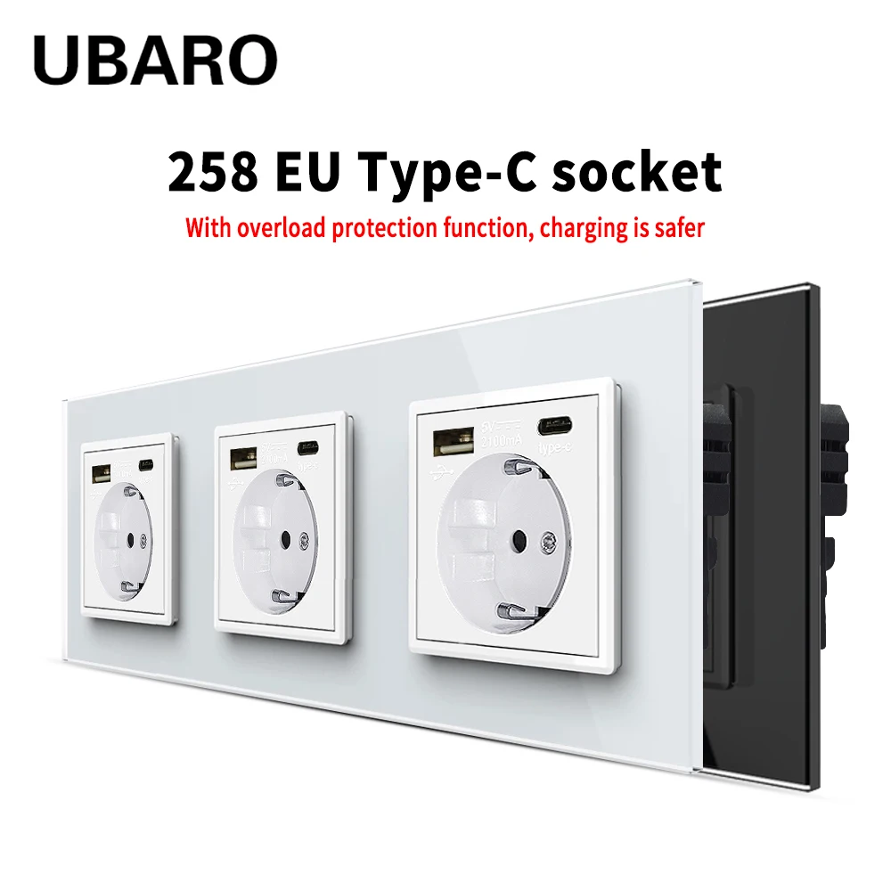 UBARO Triple Type C Socket With USB White Black Crystal Tempered Glass Panel EU Russia Power Outlet 100-250V 16A Plug For Home