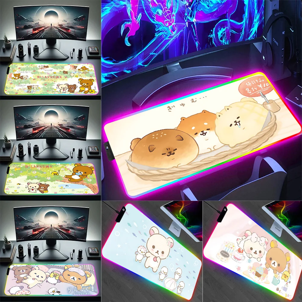 Cute Japan SAN-X Rilakkuma  RGB Pc Gamer Keyboard Mouse Pad Mousepad LED Glowing Mouse Mats Rubber Gaming Computer Mausepad