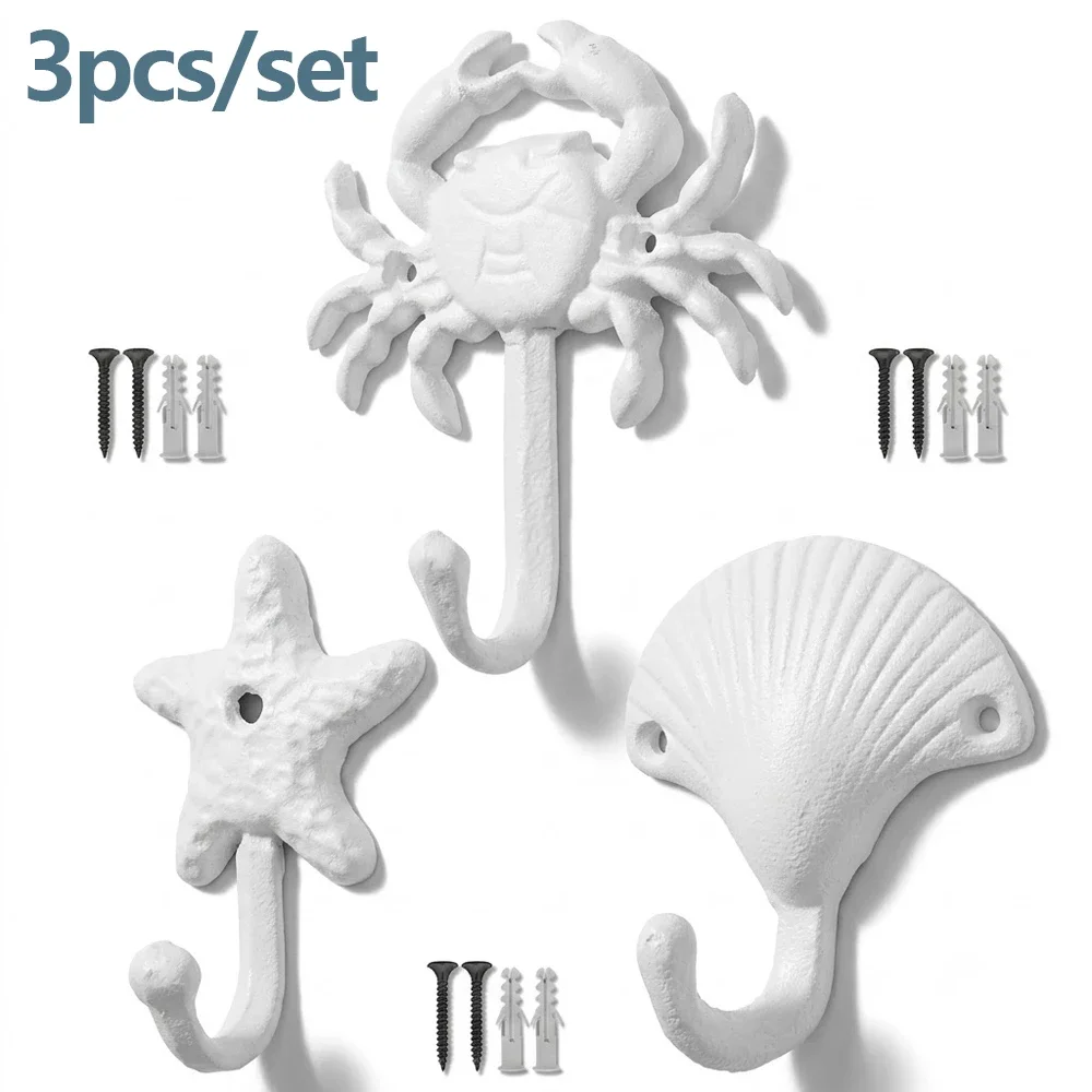 3Pcs Sea Creature Style Single Hook Metal Towel Key Wall Hook Decorative Sea Creature Coat Hanger Hook for Bathroom Kitchen