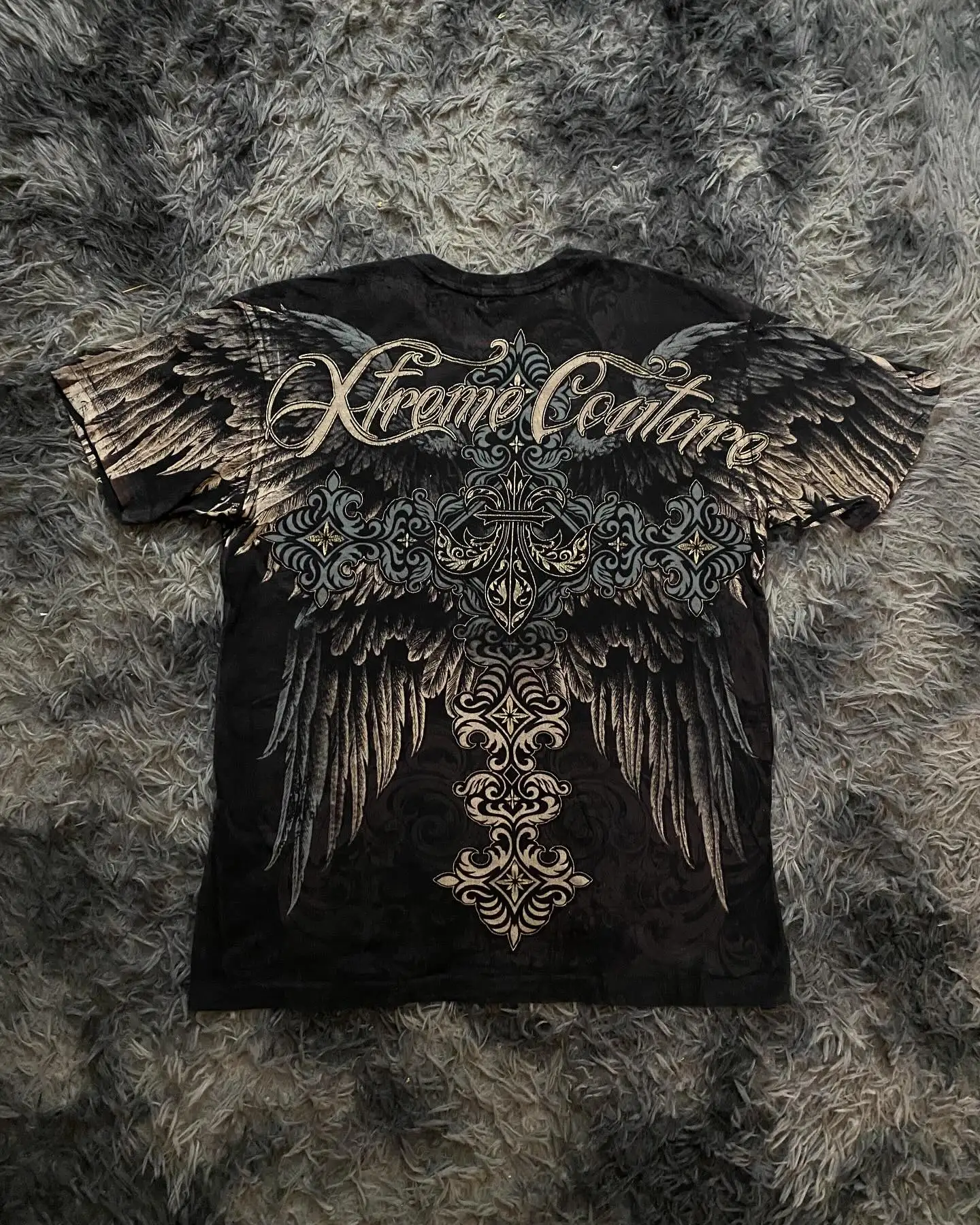 Xzavier Y2K Vintage T-Shirt Gothic Cross & Angel Print 100% Cotton