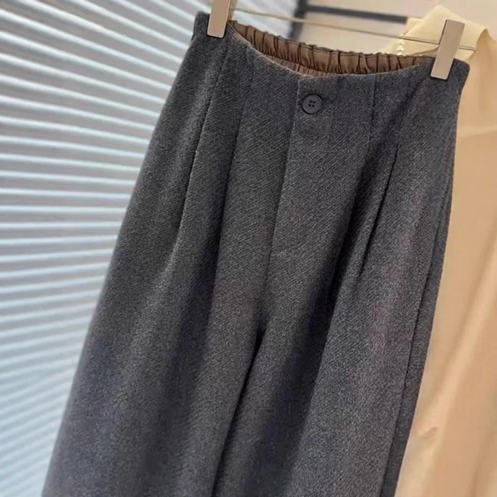 European Grey Pleated Elastic Waistband Temperament Commuting Woolen Trousers Women's Autumn/winter 2025 New Slimming Wide Leg