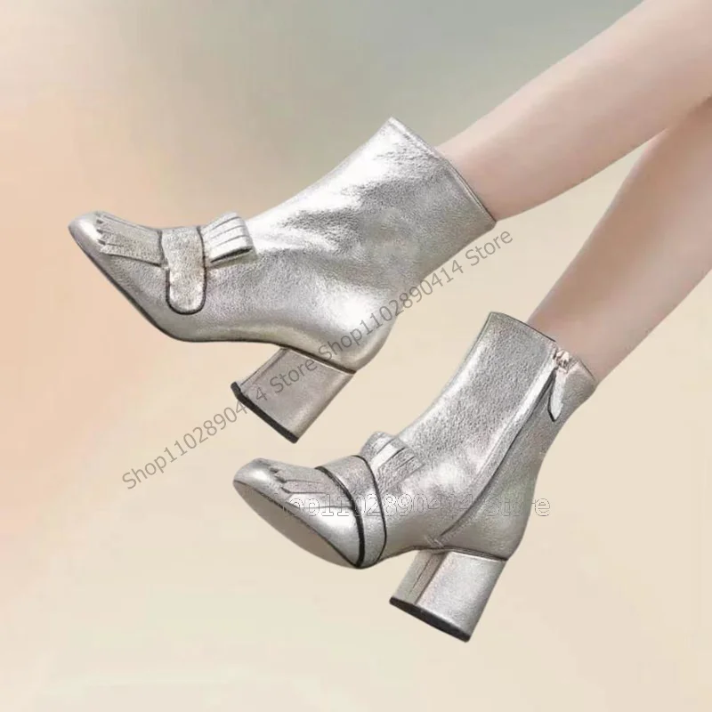 Silver Glitter Crack Pattern Tassels Decor Boots Side Zipper Women Shoes Chunky High Heels Novel Party 2024 Zapatos Para Mujere