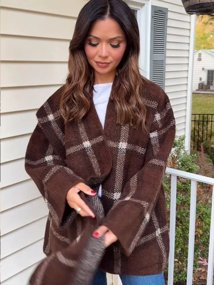 HH 가을 여성 캐주얼 루즈 숏 가디건 우아한 체크무늬 스카프 칼라 포켓 장식 긴 소매 니트 스트리트 코트