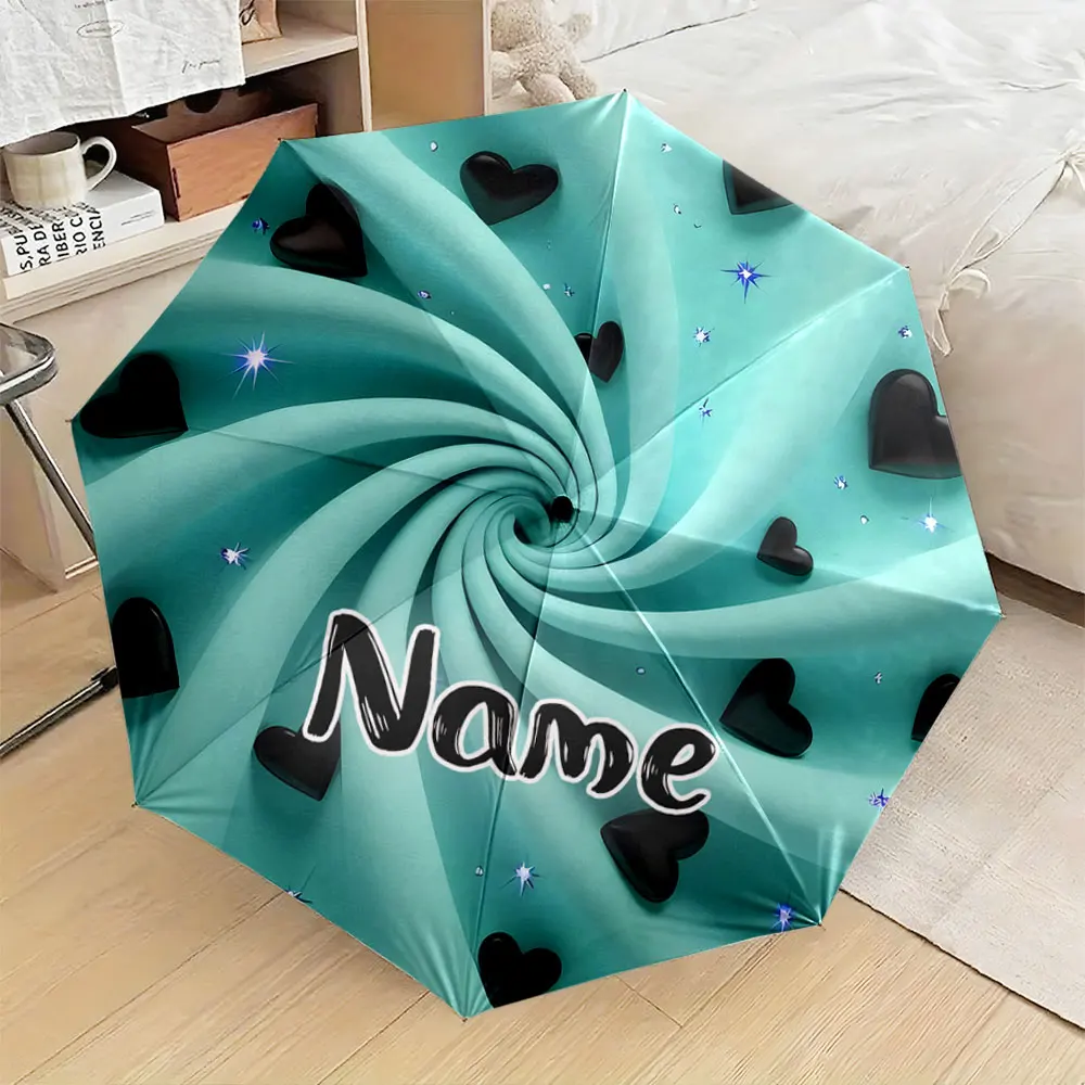 Custom Name Umbrella,Turquoise Swirl Black Heart Sparkle Art Print Folding Umbrella for Sunny and Rainy, Birthday Gift
