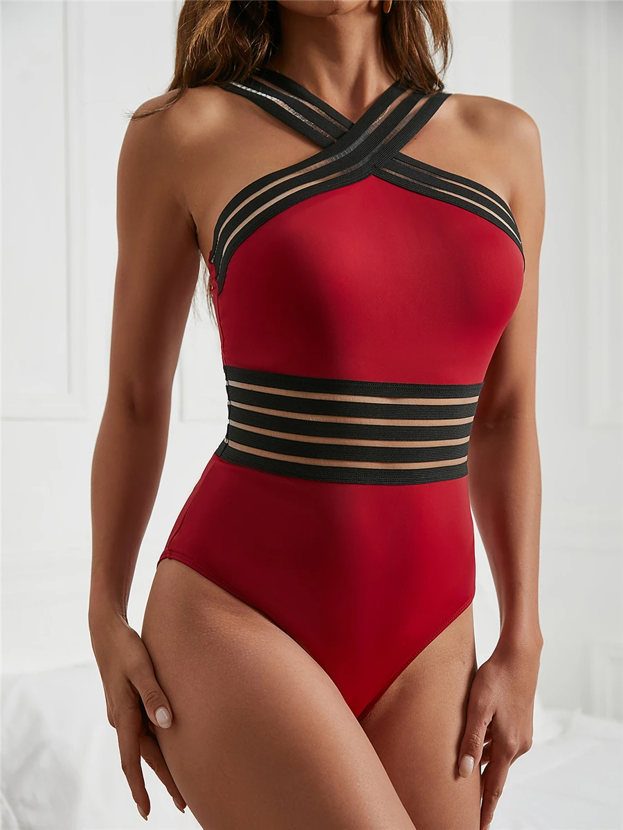 Solid Mesh Tape Swimsuit 2023 One Piece Sexy High Neck Swimwear Women Cross Front Bathing Suit Female Padded Beachwear Bodysuit