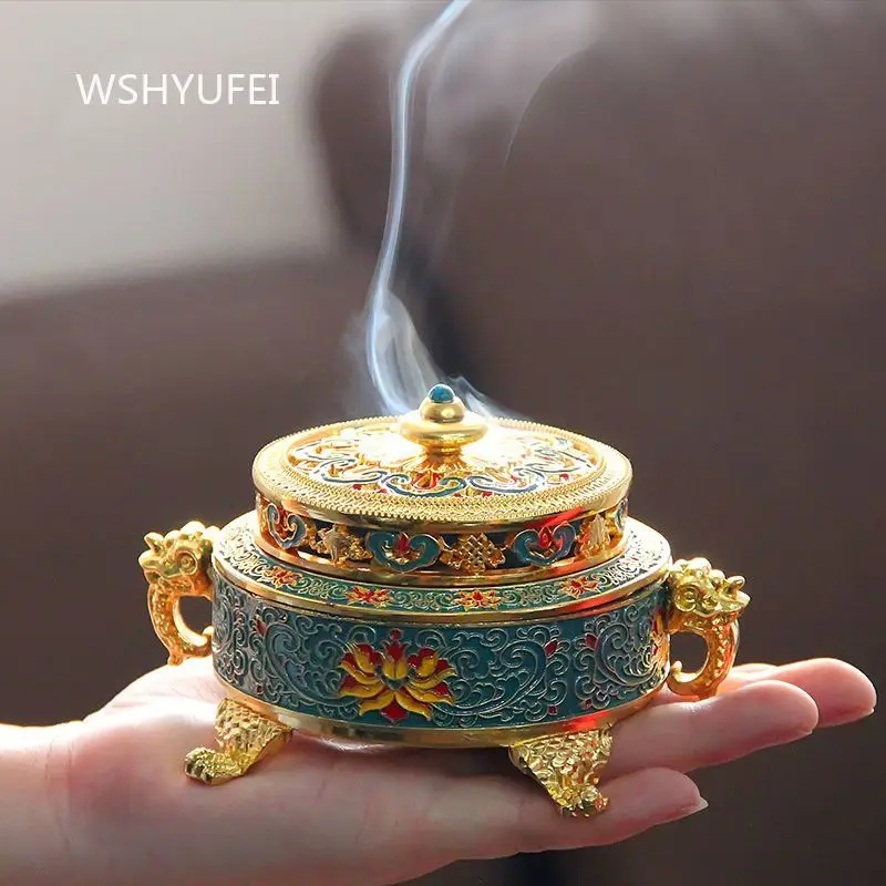 Vintage Enamel Tibetan Incense Burner Dragon Handle Metal Censer With Lid For Coil Incense Home Tea Room Altar Decoration