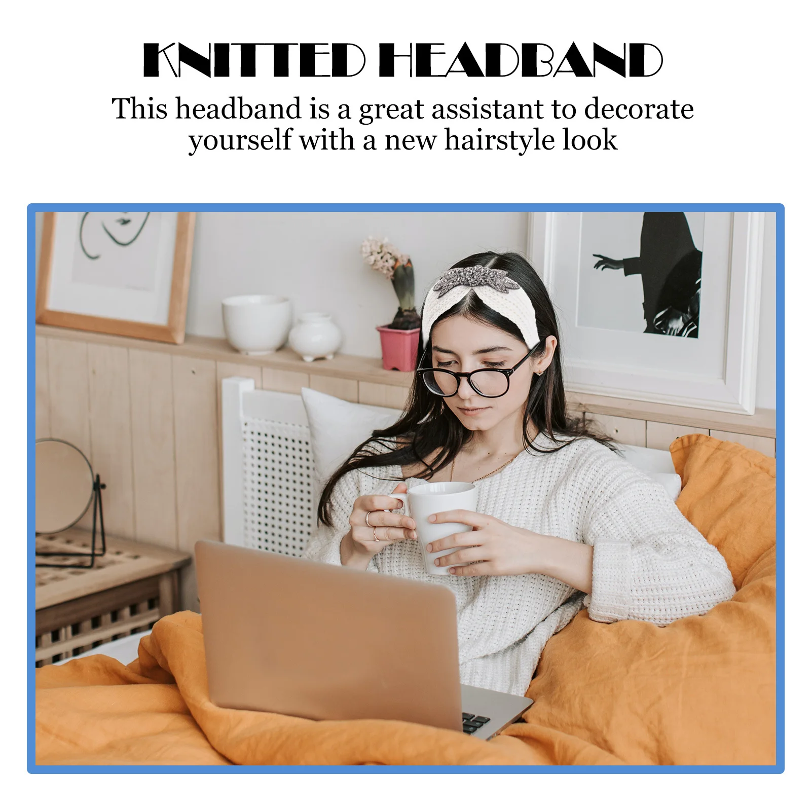 

Rhinestone Embellished Headband Knitted Woolen Yarn Hair Hoops Winter Warm Flower Pattern Minimalist Headwrap Beige For Women