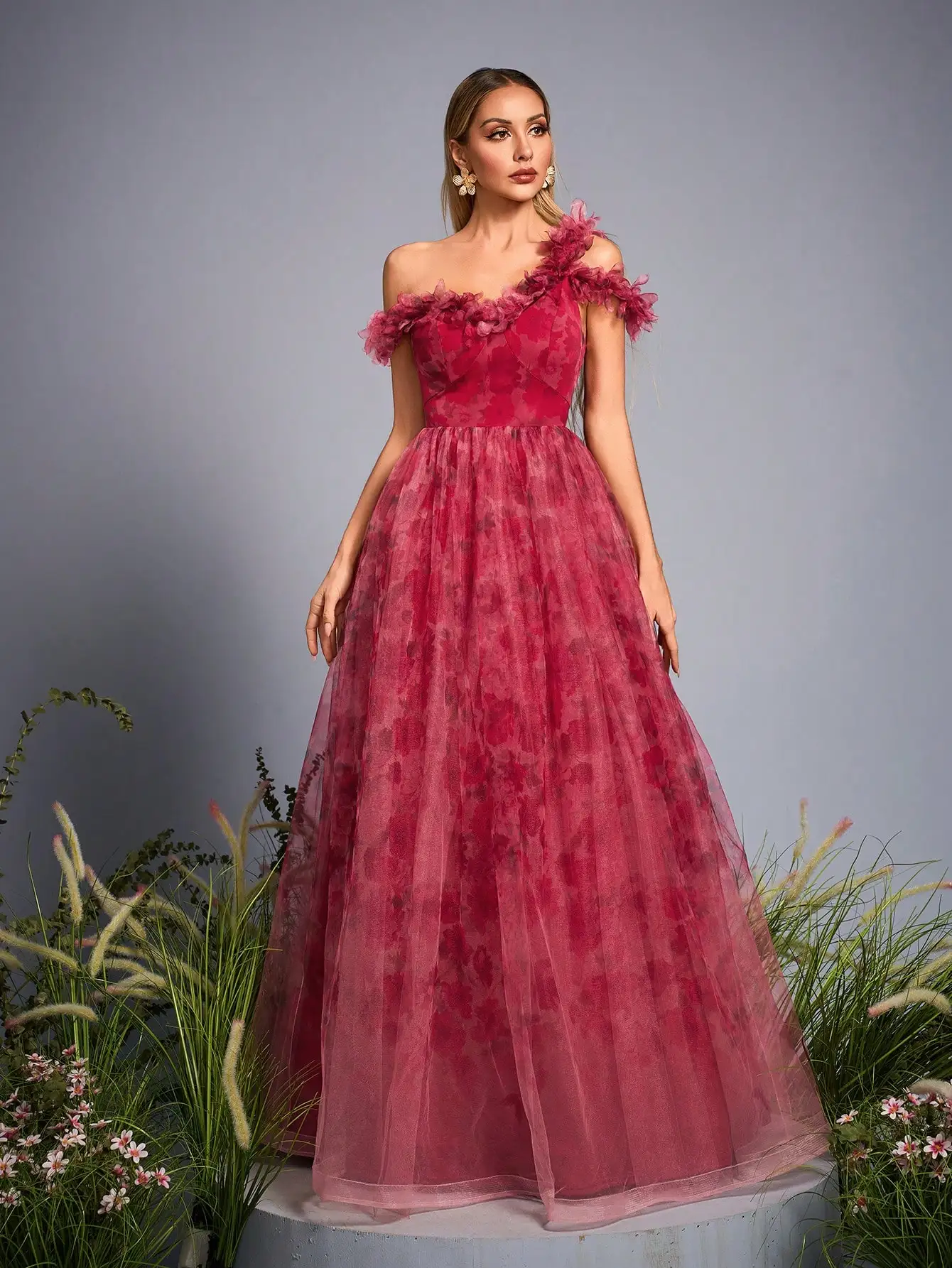 Mgiacy nieuwe collectie één schouder romantische bruidsmeisjesjurk Lace-up bedrukte mesh lange jurk