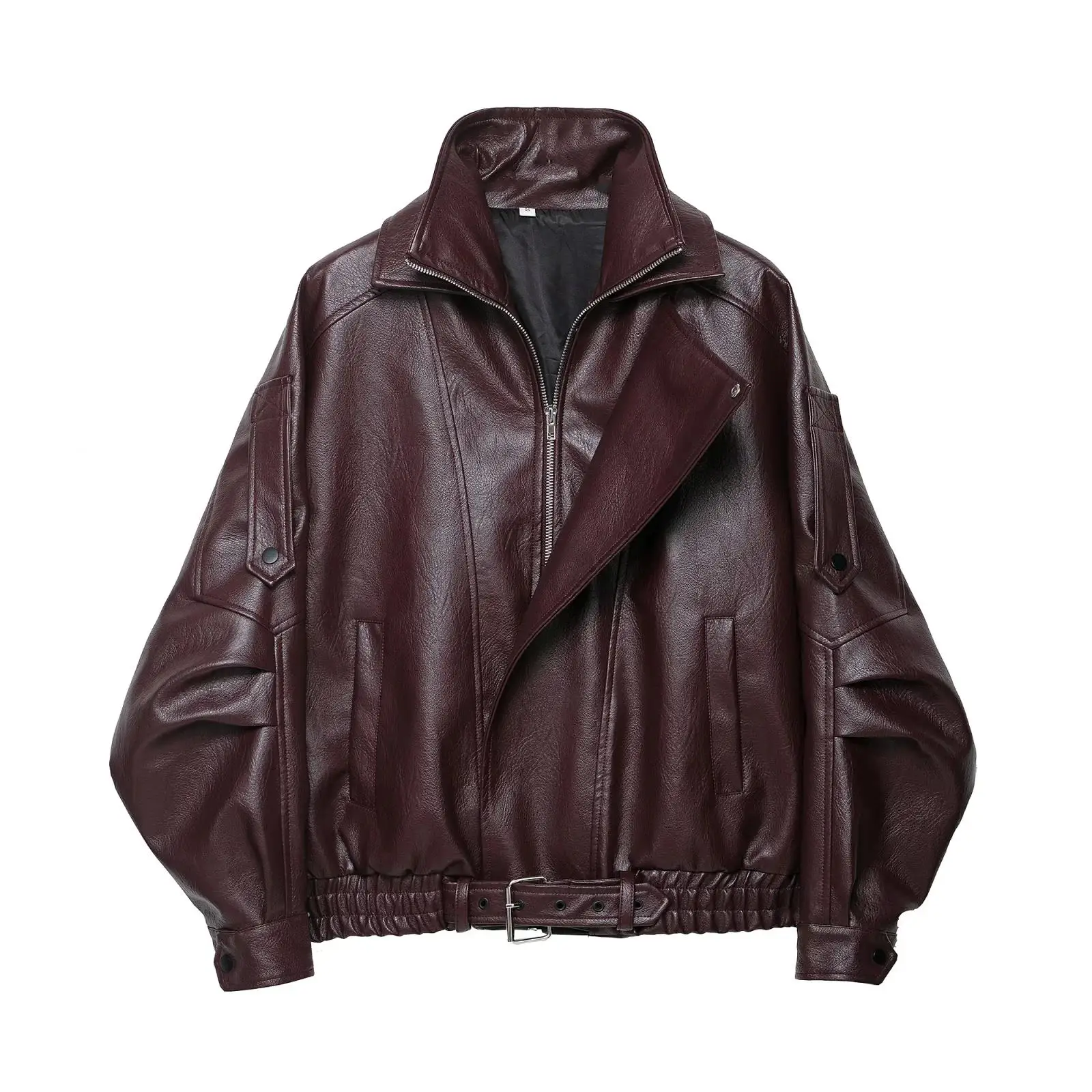 Automne femmes américain rétro bulle motif PU cuir col Long Sve fermeture éclair Sle ort Jaet manteau Faion vêtements d'extérieur